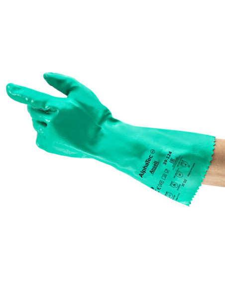 Guanti da lavoro in nitrile con finiture ruvida uso chimico 350mm ANSELL mod. 39-124 ALPHATEC.